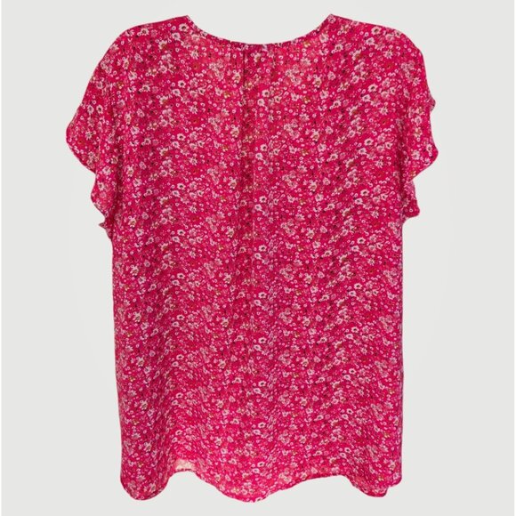 Cynthia Rowley 2X Pink Floral V-Neck Blouse Flutter Sleeve Flowy Fit Plus Size - Picture 2 of 8